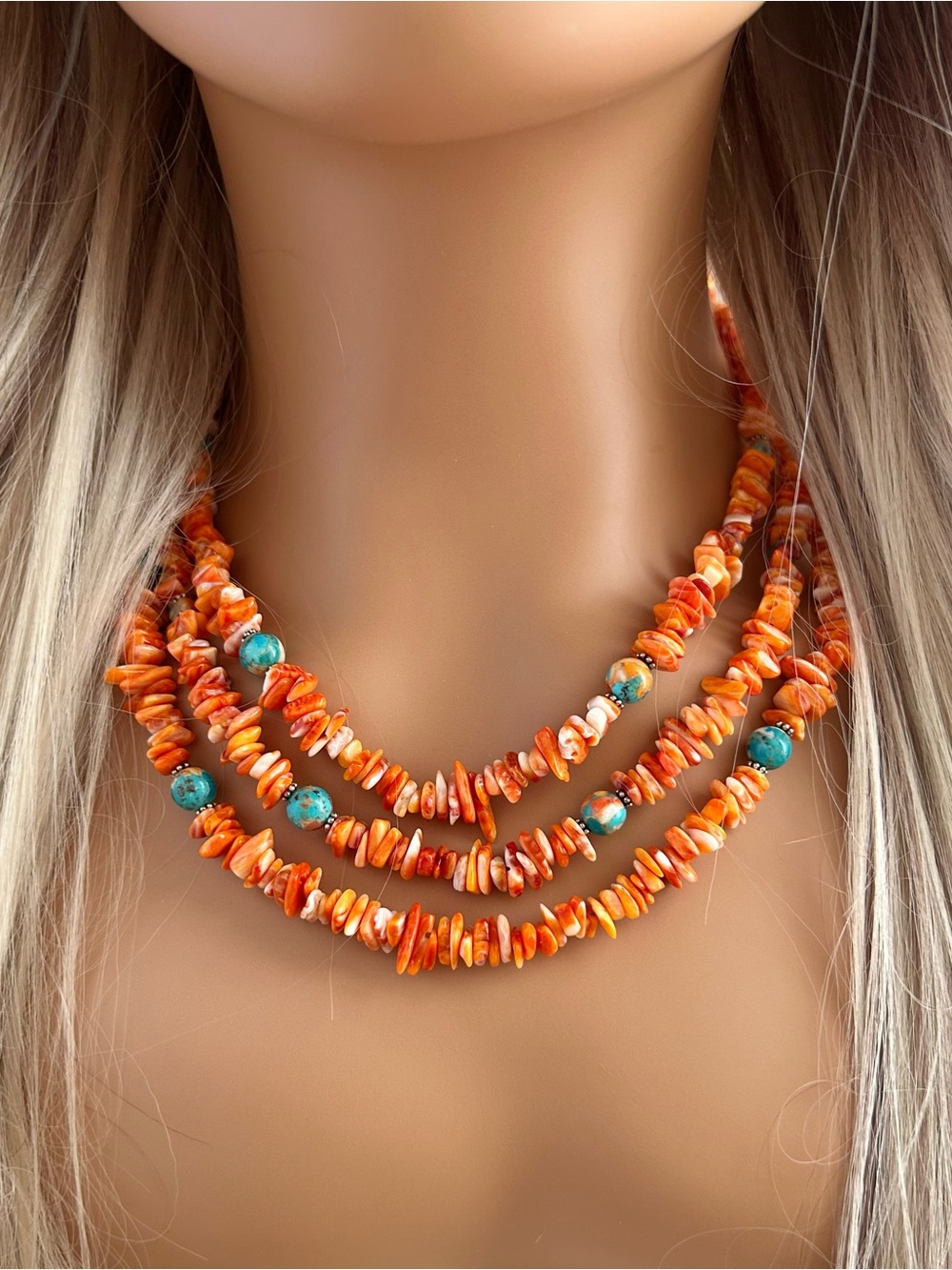Paige Wallace 3-Layer Spiny Oyster Chip Turquoise Bead Necklace NWOT